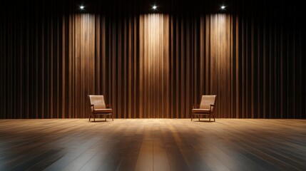 A beautifully lit empty stage featuring two elegant chairs against a striking backdrop of velvet drapes, creating a sense of anticipation and intrigue for future events.