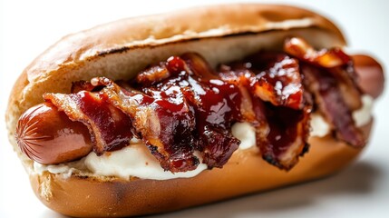 A mouthwatering hot dog in a bun, topped with crispy bacon and rich barbecue sauce, showcasing an indulgent and savory treat perfect for barbecues or game days.