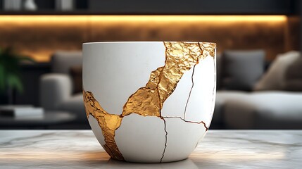 Kintsugi Pottery Photo White Vase Repaired With Gold Contemporary Interior Style