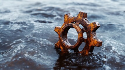 Fototapeta premium A rustic gear wheel resting in shallow water presents a unique blend of nature and industrial elements, illustrating the passage of time and man’s relationship with nature.