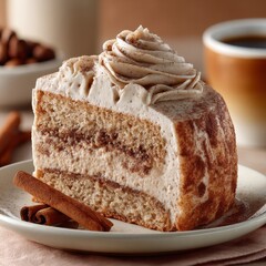 Slice of Snickerdoodle Cake with Cinnamon Frosting and Cinnamon Sticks on White Plate