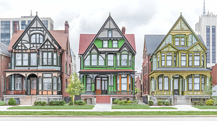 Naklejka premium Colorful Victorian Houses on City Street, Residential Architecture, Urban Landscape, Real Estate