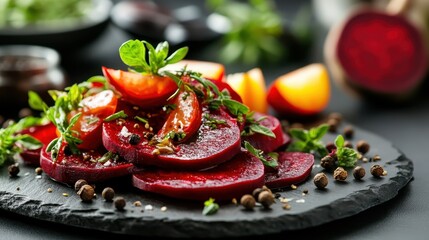A beautifully arranged plate of beetroot salad garnished with herbs and spices, showcasing bold colors and textures that promise a delightful culinary experience.