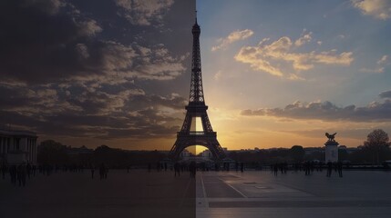 Paris Eiffel Tower transition from twilight to sunrise. Crowds are visible in both halves of the image