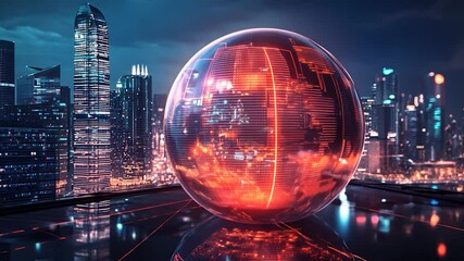 Futuristic city skyline reflected in glowing sphere. - Powered by Adobe