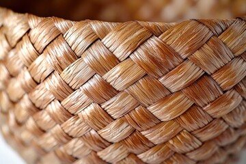 Closeup of woven straw basket: natural texture and craftsmanship in detailed pattern