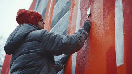 Person Painting a Mural on an Outdoor Wall