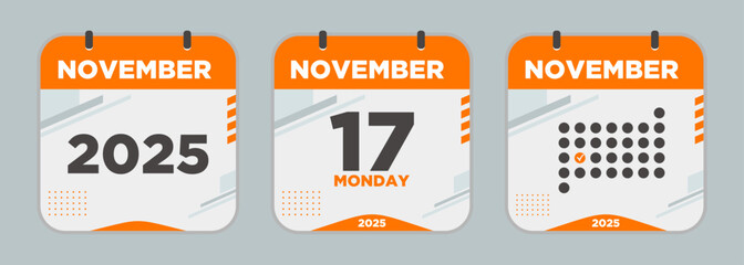 Modern Calendar icon. November. 2025 17 day. The concept of waiting for an important date. Day calendar with date November 17. Cheklist day calendar. Vector illustration.