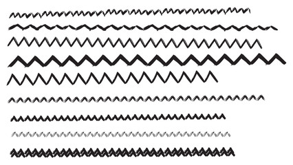 Charcoal bold zigzag lines and scribbles, childish drawing bold strokes, abstract zigzag lines, wavy black patterns, design elements, collection of various hand drawn zigzags on white background