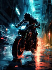 Motorcyclist on rainy night street