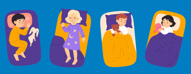 Set of four children sleeping with toys and blankets on a blue background, wearing colorful pajamas