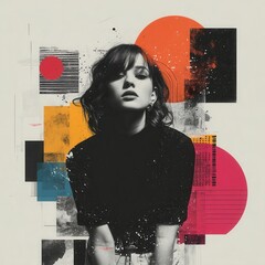 Fashion model posing with colorful abstract geometric shapes