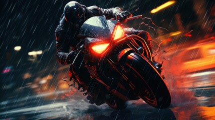 Motorcyclist speeding through rain on city street