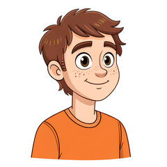 Obraz premium Cartoon Portrait of a Smiling Young Boy's Face with Brown Hair and Freckles on Transparent Background