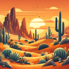 illustration of a desert landscape at sunset with earthy and orange colors, cacti, dunes, and rocks. 