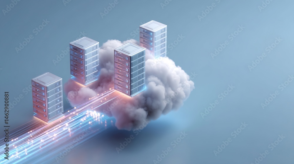 Poster conceptual representation of cloud computing servers and data communication pathways