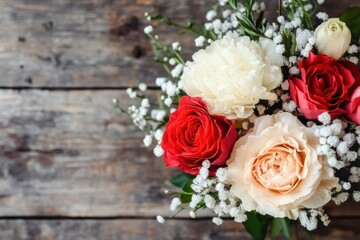 Romantic bouquet of red, white, and peach roses and carnations.  Fresh flowers arranged on weathered wood