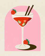Bright illustration of a strawberry cocktail in a glass with lemon slices, ice cubes, and straws. Fresh, fruity and summery retro drink on a pink background.
