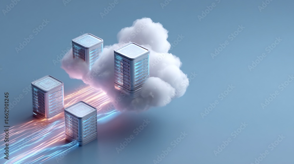 Poster abstract illustration of cloud computing architecture with data servers