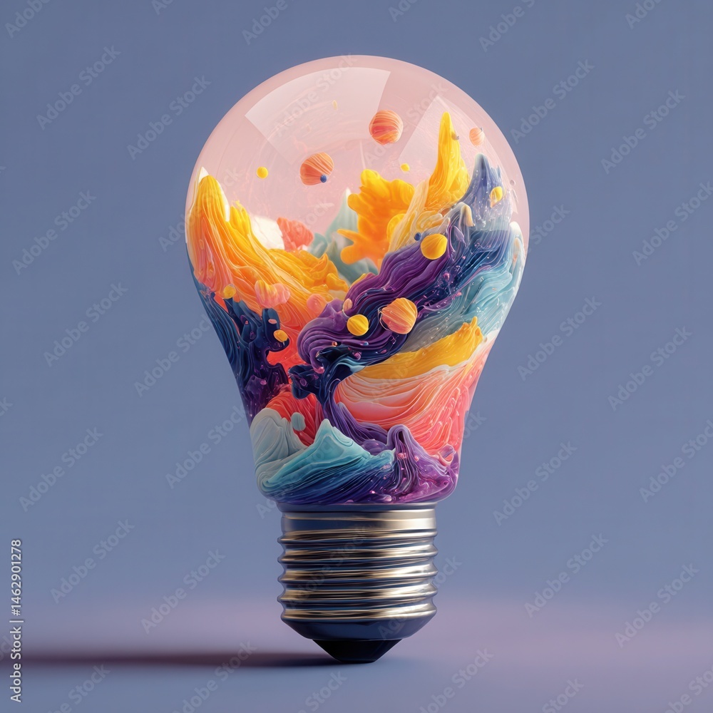 Poster light bulb filled with colorful abstract shapes representing ideas and innovation