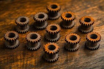 Rustic arrangement of twelve vintage, rusty cogs on a dark wooden surface.