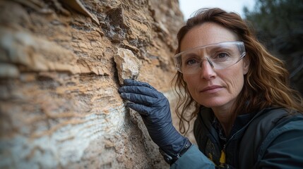 Naklejka premium Canyon wall striations featuring detailed sedimentary rock layers in rustic earth tones, showcasing natural weathering patterns in American Southwest landscape