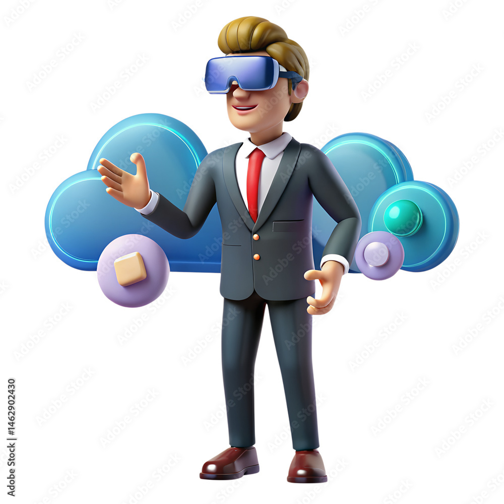 Poster 3d cartoon businessman using vr headset with cloud computing interface