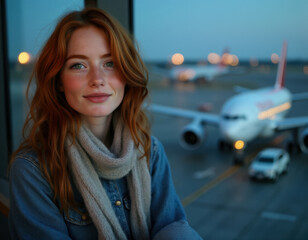 Obraz premium red-haired tourist at the evening airport by the window with an airplane in the background