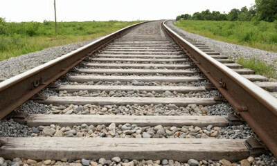 A close-up view of a train track surrounded by a green field, great for use in travel or infrastructure-related projects