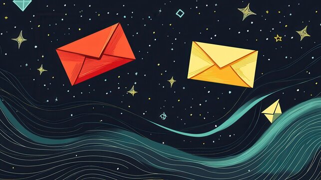 Two colorful envelopes float amidst a starry night sky, with flowing waves