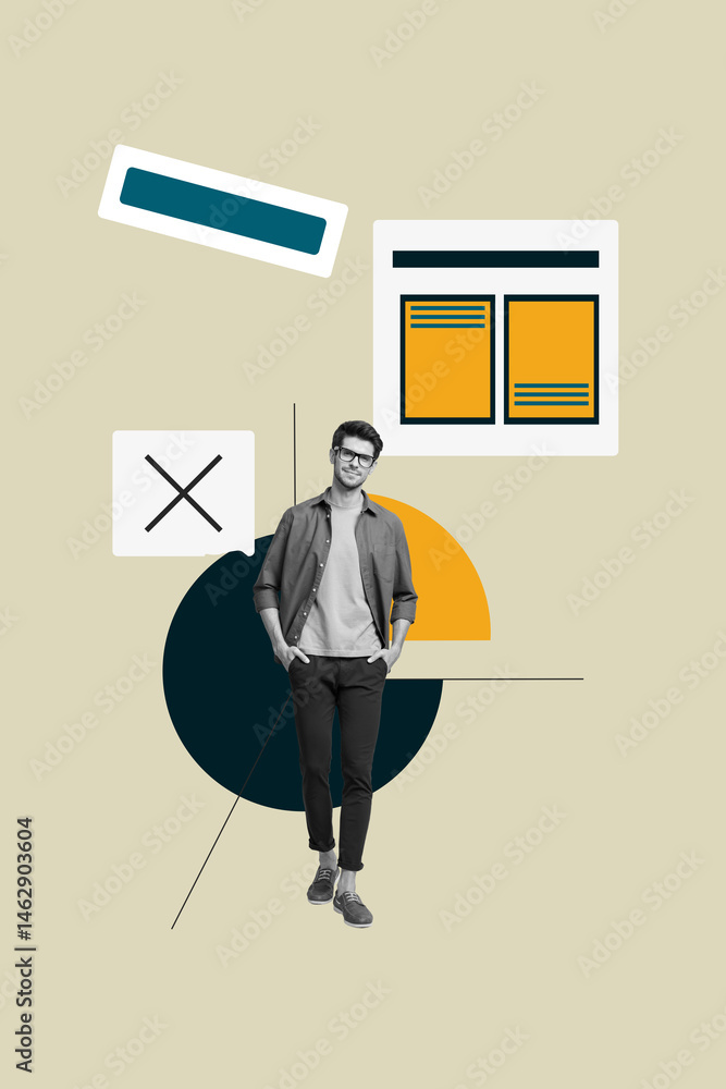 Poster sketch pop image art collage of happy businessman businesswoman stand bubble algorithm plan cloud wo