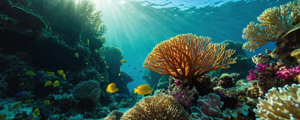 Obraz premium Colorful fish swim among coral and seaweed on the ocean floor