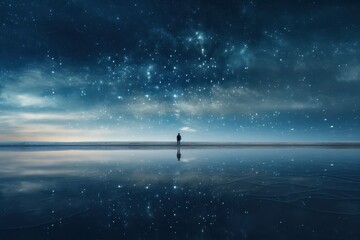 A person walking alone on a flat shore at night under the starry sky
