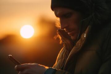 Obraz premium Close-up of a man in winter clothing using a smartphone at sunset, the golden light creating a silhouette and warm ambiance for outdoor winter adventures.