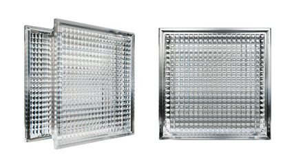 Transparent glass block for interior design. Aesthetic and modern shape of textured. Capturing abstract patterns and light distortion. Building assortment for home, bathroom and office.