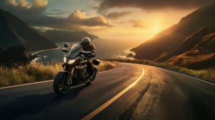 Motorcyclist riding down curved highway