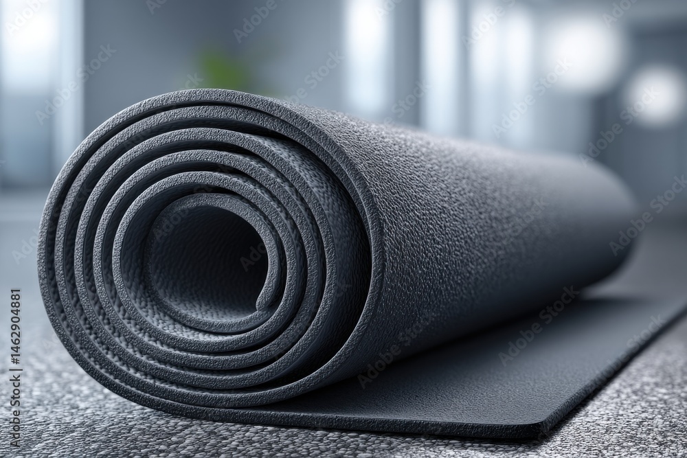Poster a close-up studio shot of a rolled-up yoga mat on a textured surface, perfect for fitness and wellne