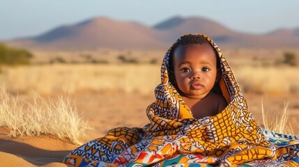 Ethiopian baby wrapped in colorful blanket in desert landscape.