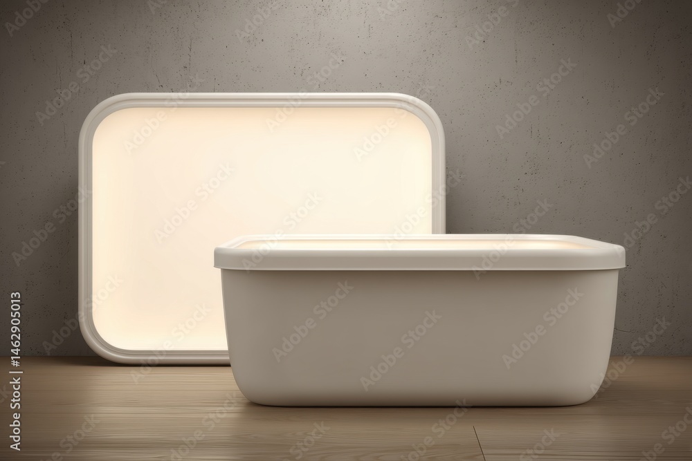 Poster minimalist product display featuring a container and backlit frame on a wooden floor, creating a ser