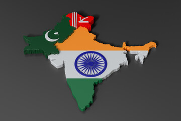 India and Pakistan map showing national flags on a gray background