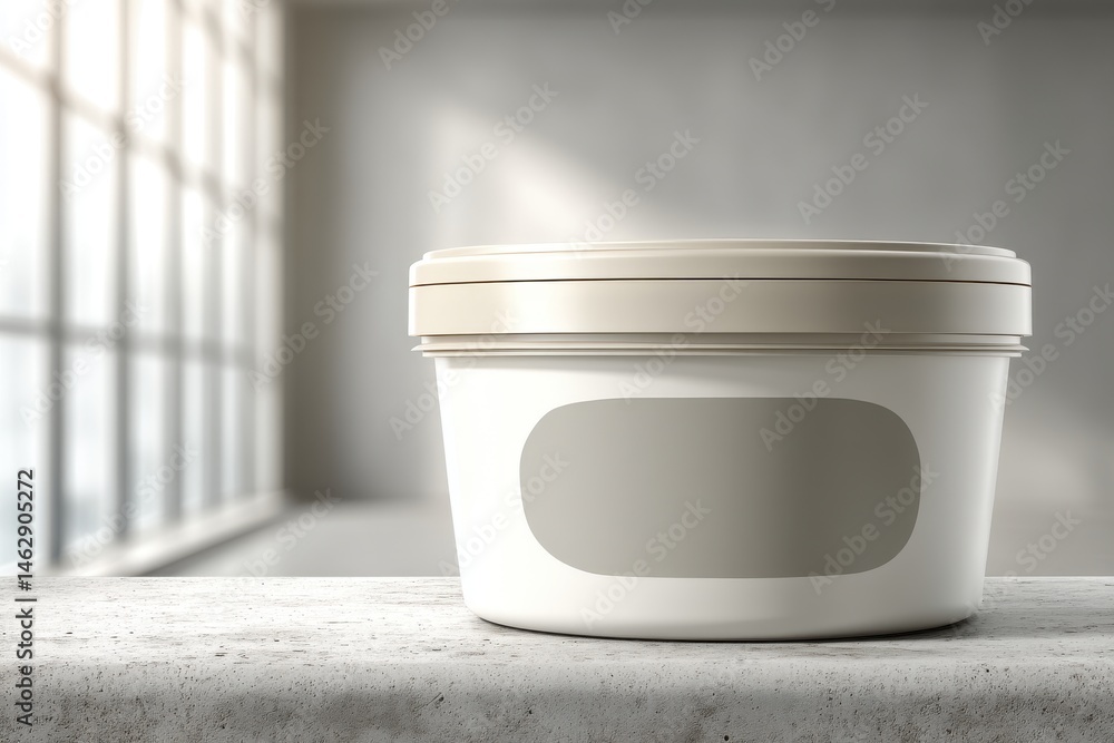 Poster a white plastic container with a beige lid and grey label rests on a concrete surface, backlit by su