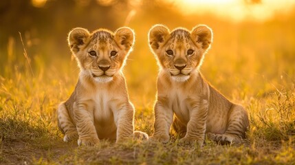 Obraz premium Two Cute Lion Cubs Sitting in Golden Sunlight, Savannah Wildlife