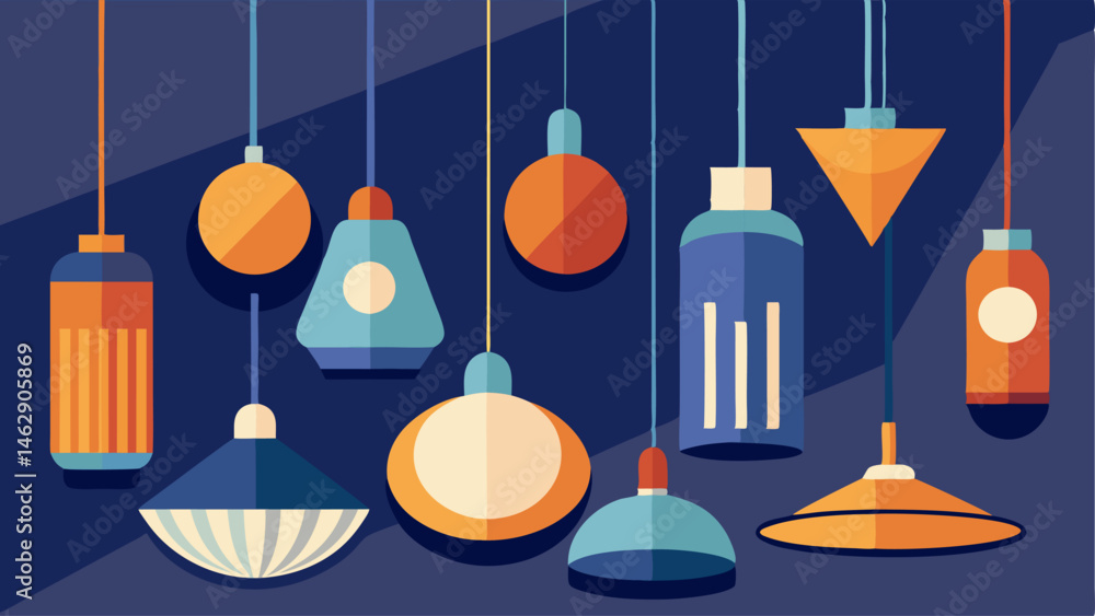 Aufkleber a variety of pendant lights in different shapes and sizes hanging from the ceiling creating a warm a