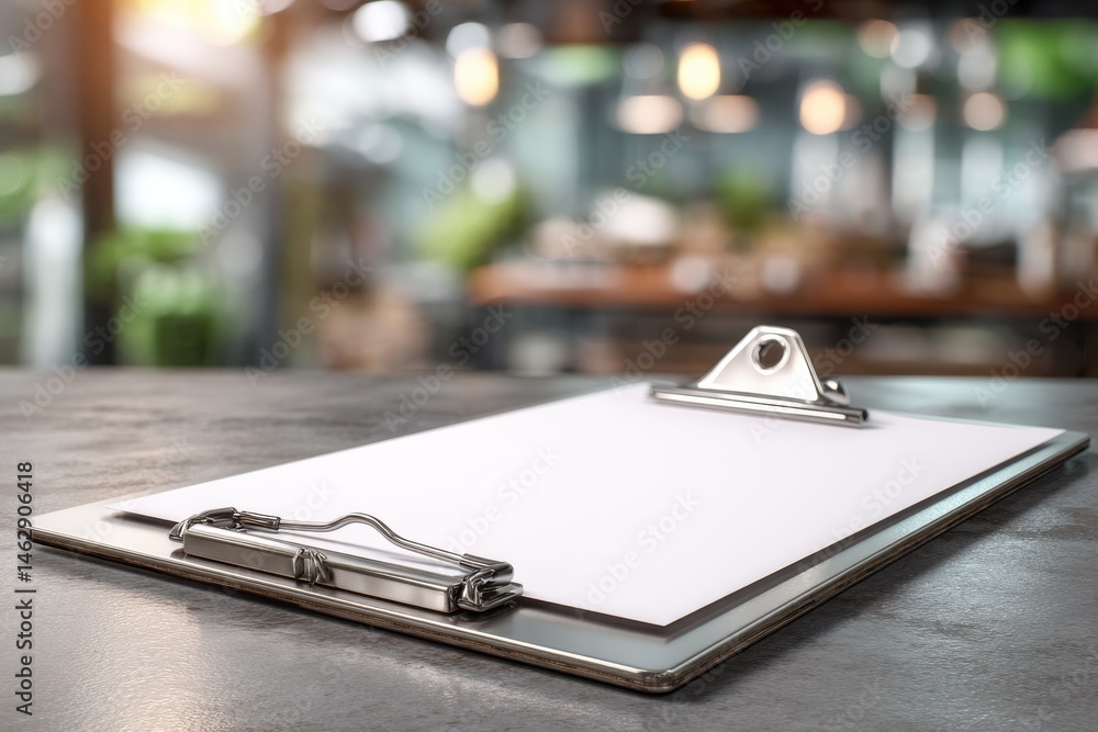 Poster a close-up shot of a clipboard with a blank sheet of paper resting on a table, ready for notes and i