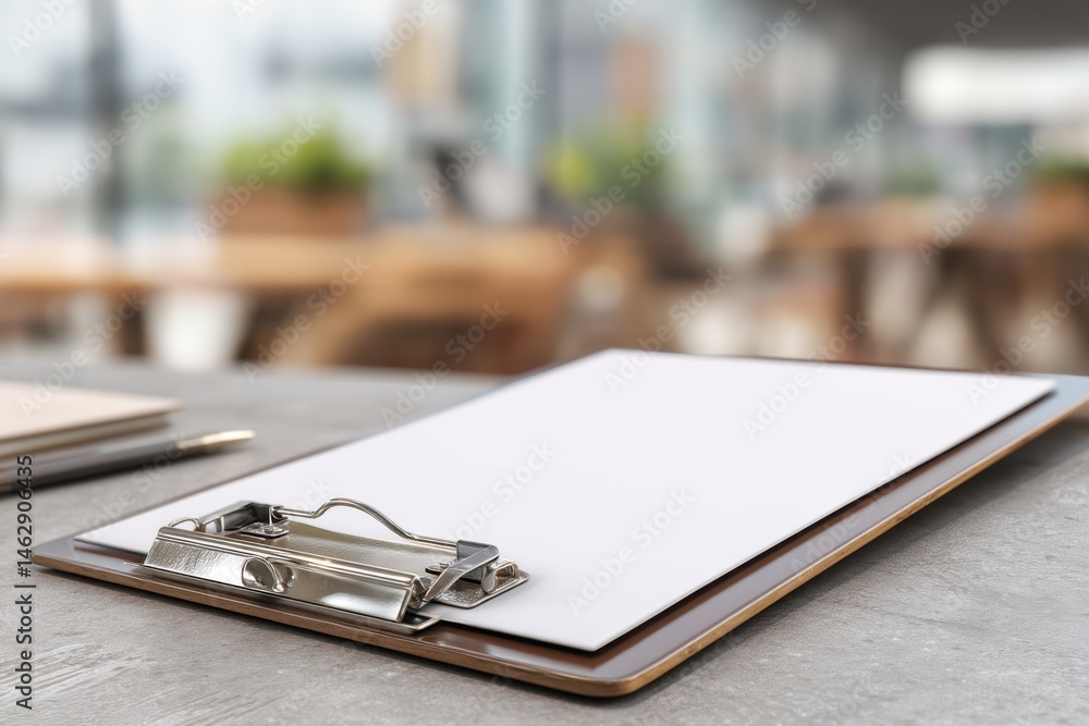 Poster close-up of a clipboard with a blank sheet of paper on a gray table, with a notebook and pen blurred
