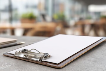 Close-up of a clipboard with a blank sheet of paper on a gray table, with a notebook and pen blurred in the background in an office or café.