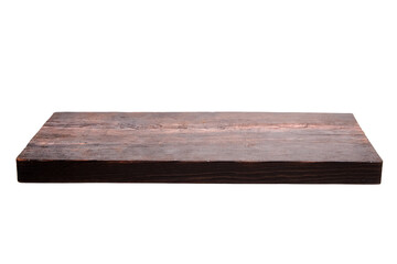 A rectangular rustic wooden cutting board with dark brown tones, visible wood grain, and worn...