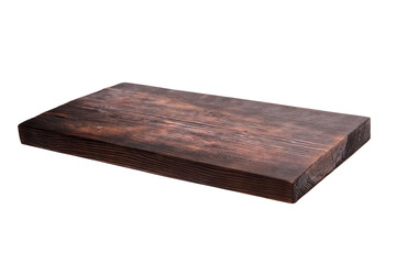 Rectangular dark brown wooden plank with visible natural grain, rough edges, and rustic finish, shown from a side angle on white background
