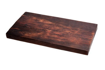 Angled view of a dark brown rustic wooden plank with visible grain, weathered surface, and textured edges isolated on white background