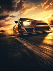 Racing car on track at sunset